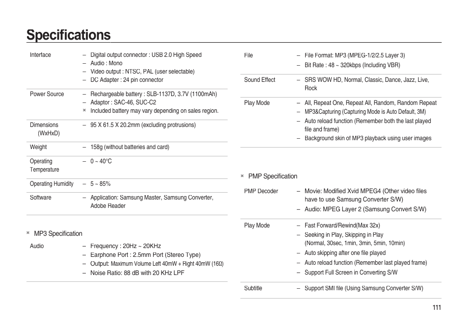 Speciﬁ cations | Samsung EC-I85ZZBBA-AU User Manual | Page 111 / 130