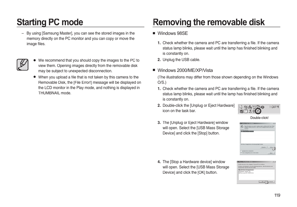 Starting pc mode, Removing the removable disk | Samsung EC-I85ZZBBA-AU User Manual | Page 119 / 130