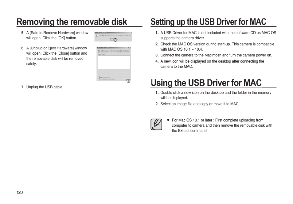 Removing the removable disk, Using the usb driver for mac, Setting up the usb driver for mac | Samsung EC-I85ZZBBA-AU User Manual | Page 120 / 130