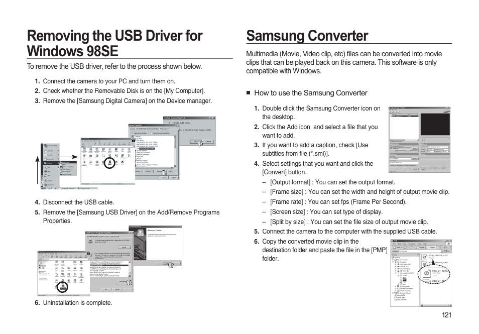 Removing the usb driver for windows 98se, Samsung converter | Samsung EC-I85ZZBBA-AU User Manual | Page 121 / 130