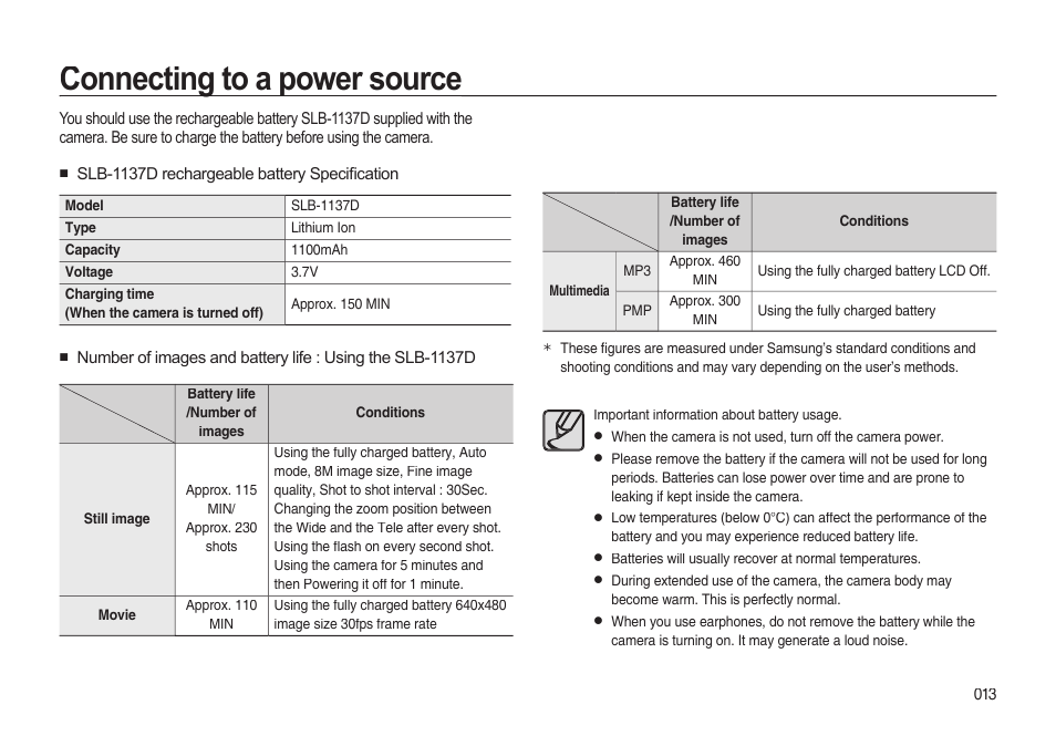 Connecting to a power source | Samsung EC-I85ZZBBA-AU User Manual | Page 13 / 130