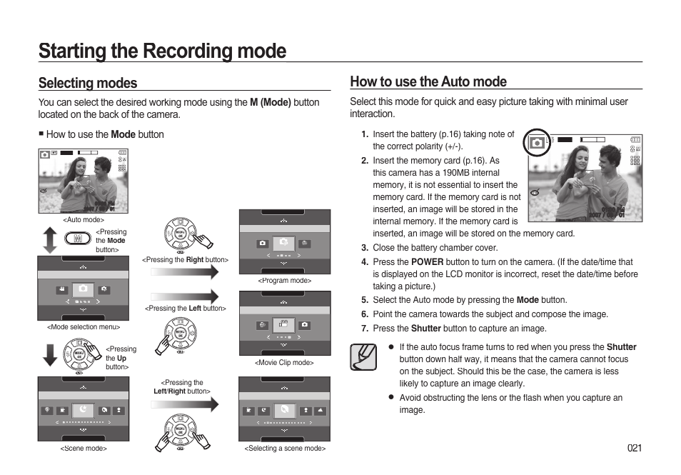 Starting the recording mode, Selecting modes, How to use the auto mode | Samsung EC-I85ZZBBA-AU User Manual | Page 21 / 130