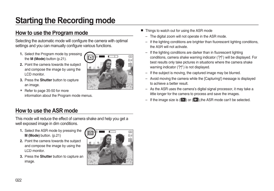 Starting the recording mode, How to use the program mode, How to use the asr mode | Samsung EC-I85ZZBBA-AU User Manual | Page 22 / 130