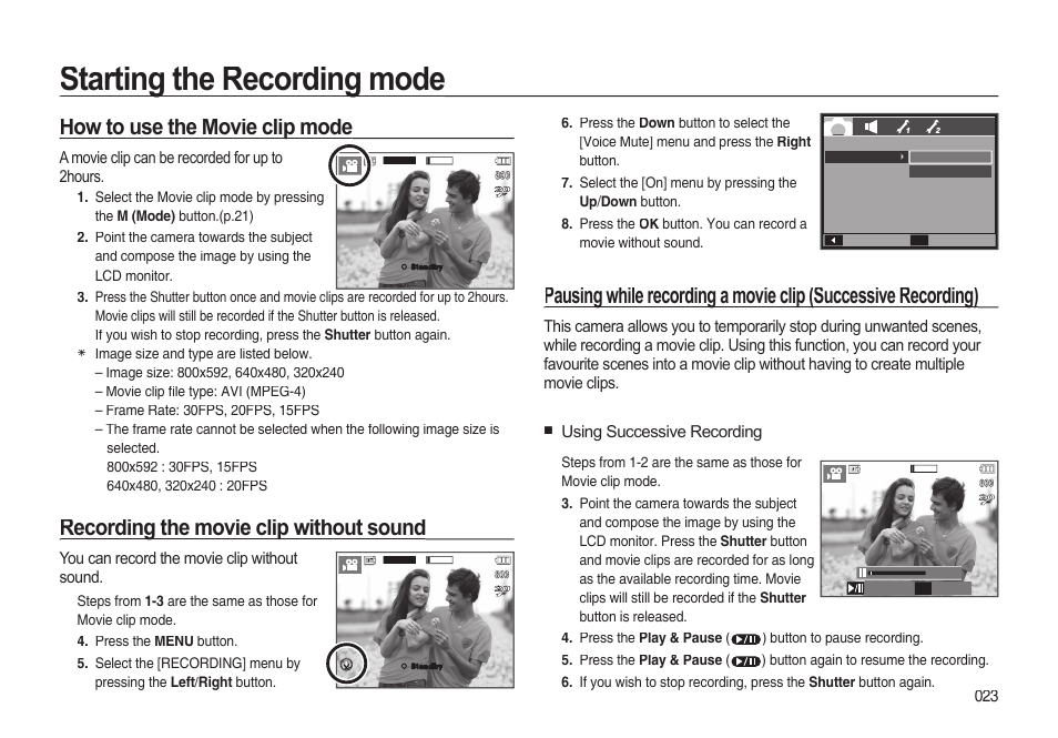 Starting the recording mode, How to use the movie clip mode, Recording the movie clip without sound | Samsung EC-I85ZZBBA-AU User Manual | Page 23 / 130