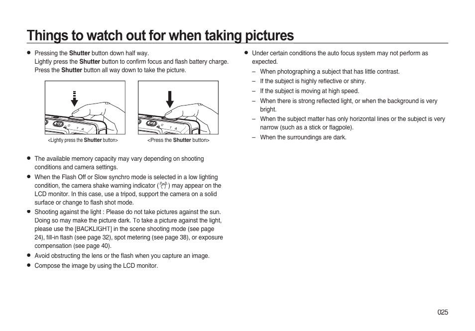 Things to watch out for when taking pictures | Samsung EC-I85ZZBBA-AU User Manual | Page 25 / 130