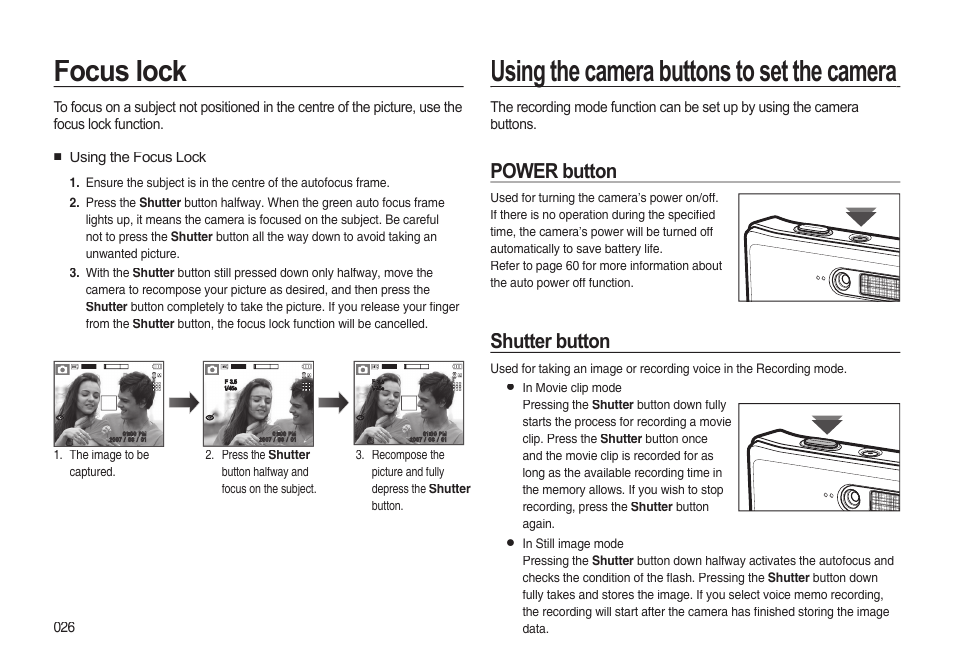 Using the camera buttons to set the camera, Focus lock, Power button | Shutter button | Samsung EC-I85ZZBBA-AU User Manual | Page 26 / 130