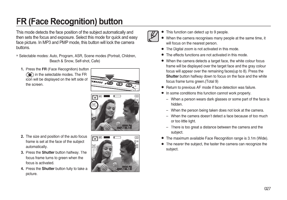 Fr (face recognition) button | Samsung EC-I85ZZBBA-AU User Manual | Page 27 / 130