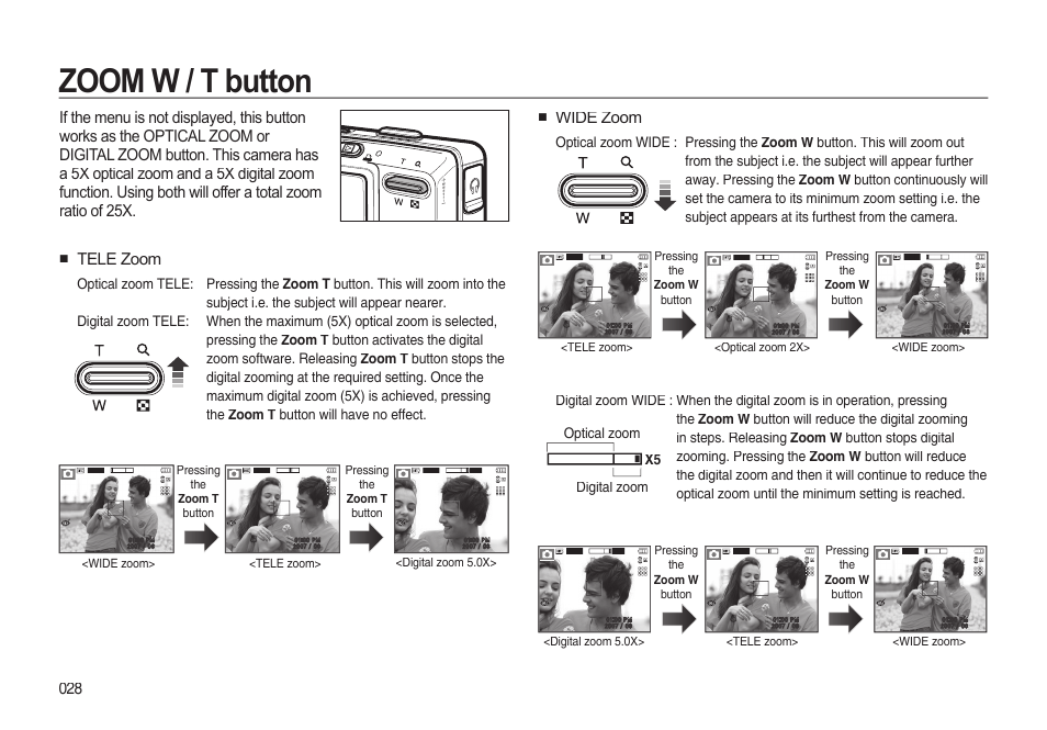 Zoom w / t button, Wide zoom, Tele zoom | Samsung EC-I85ZZBBA-AU User Manual | Page 28 / 130