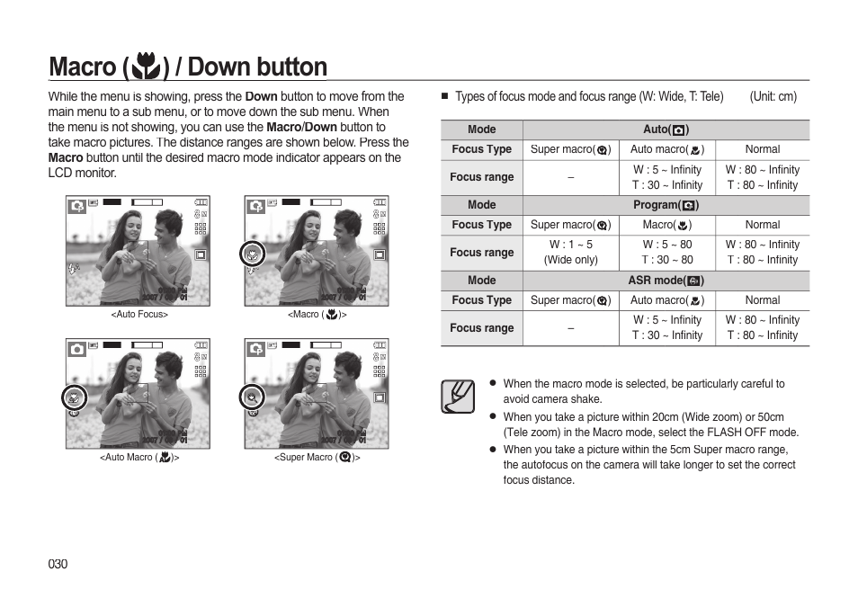 Macro ( macro ( ) / down button ) / down button | Samsung EC-I85ZZBBA-AU User Manual | Page 30 / 130