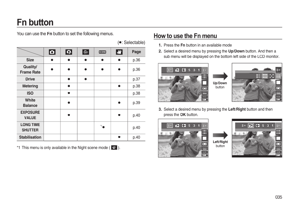 Fn button, How to use the fn menu | Samsung EC-I85ZZBBA-AU User Manual | Page 35 / 130