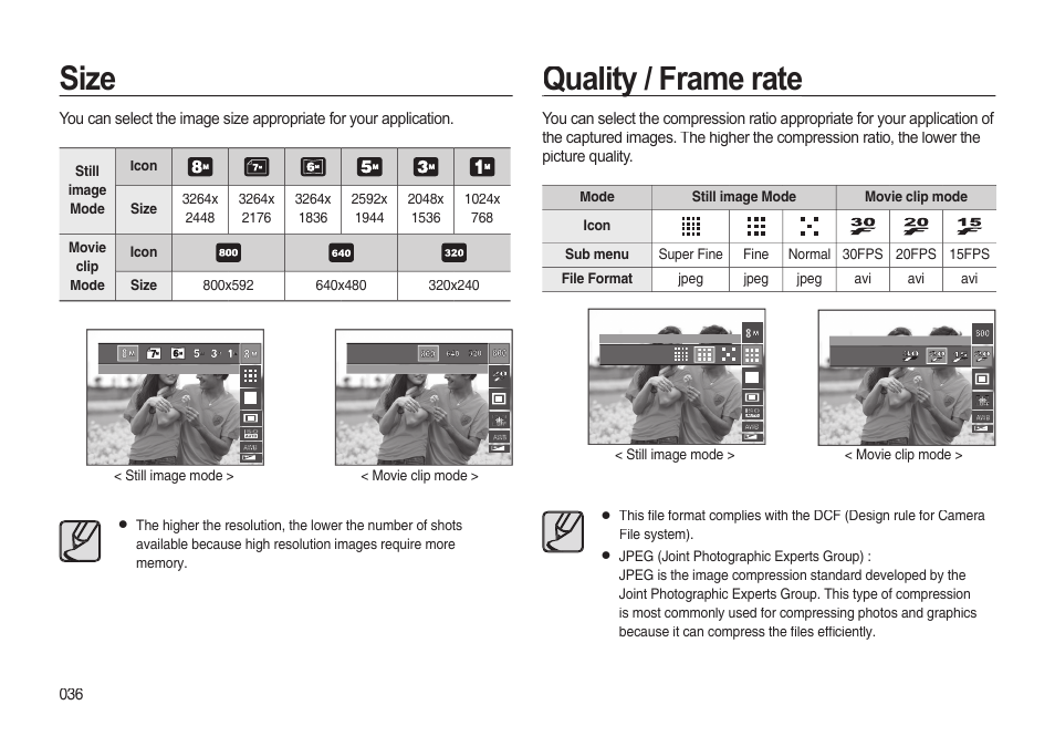 Size quality / frame rate quality / frame rate | Samsung EC-I85ZZBBA-AU User Manual | Page 36 / 130