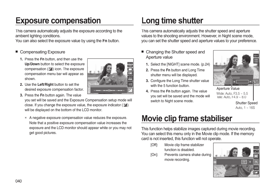 Exposure compensation, Movie clip frame stabiliser | Samsung EC-I85ZZBBA-AU User Manual | Page 40 / 130