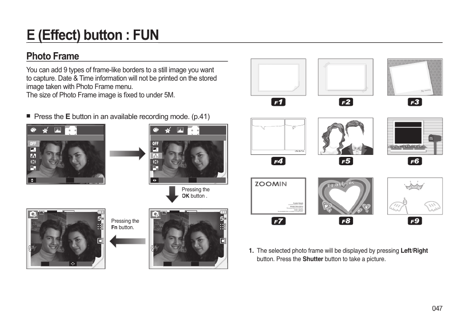 E (effect) button : fun, Photo frame | Samsung EC-I85ZZBBA-AU User Manual | Page 47 / 130