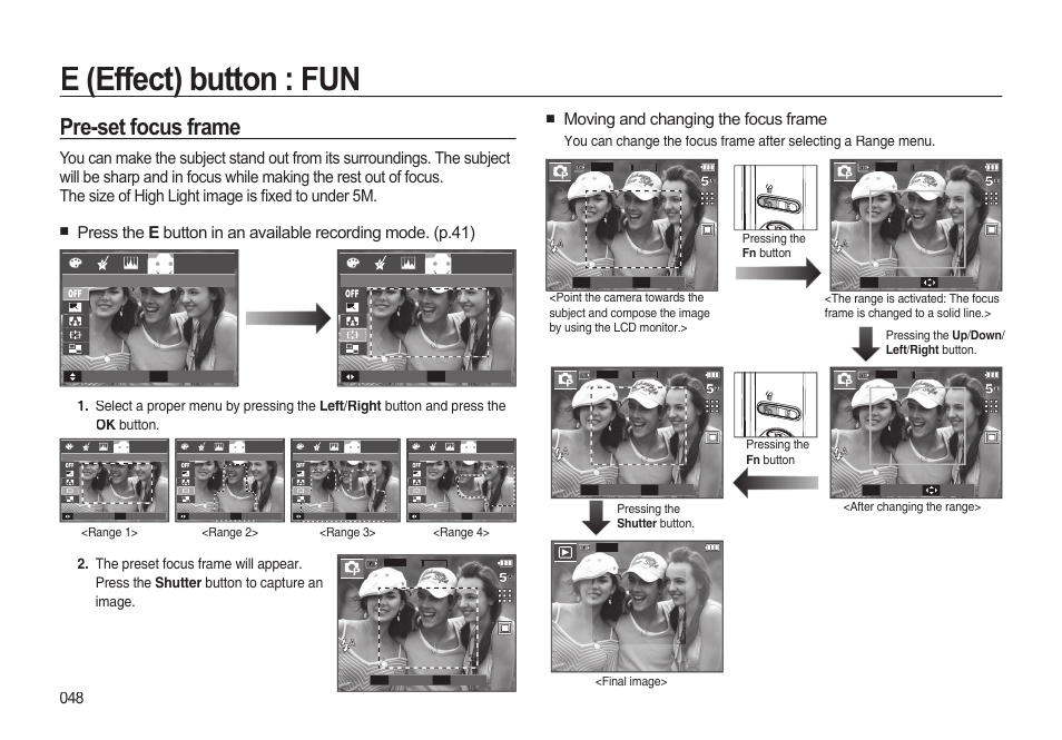 E (effect) button : fun, Pre-set focus frame, Moving and changing the focus frame | Samsung EC-I85ZZBBA-AU User Manual | Page 48 / 130