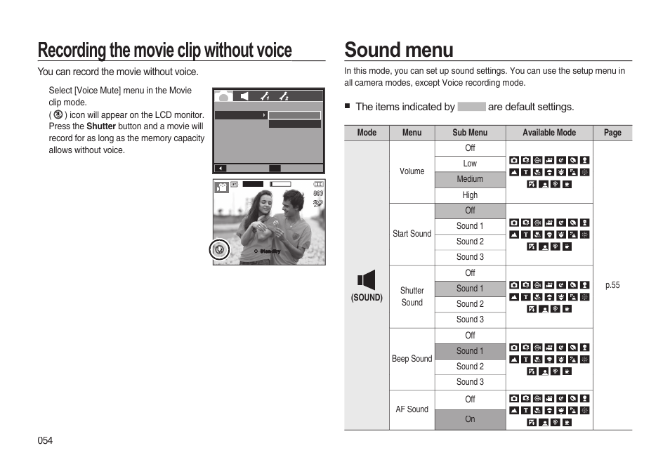 Sound menu, Recording the movie clip without voice | Samsung EC-I85ZZBBA-AU User Manual | Page 54 / 130