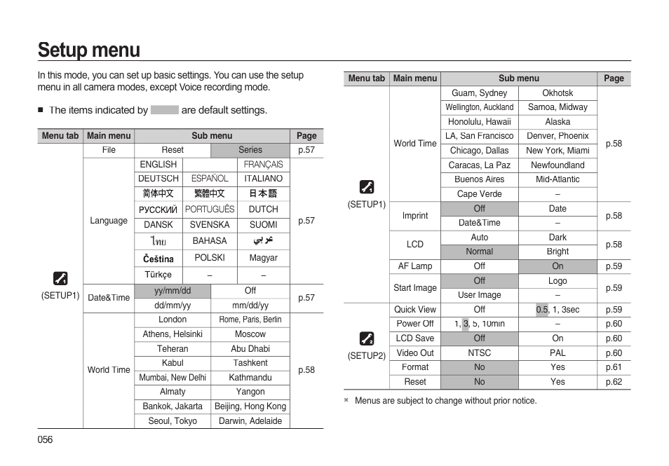 Setup menu | Samsung EC-I85ZZBBA-AU User Manual | Page 56 / 130