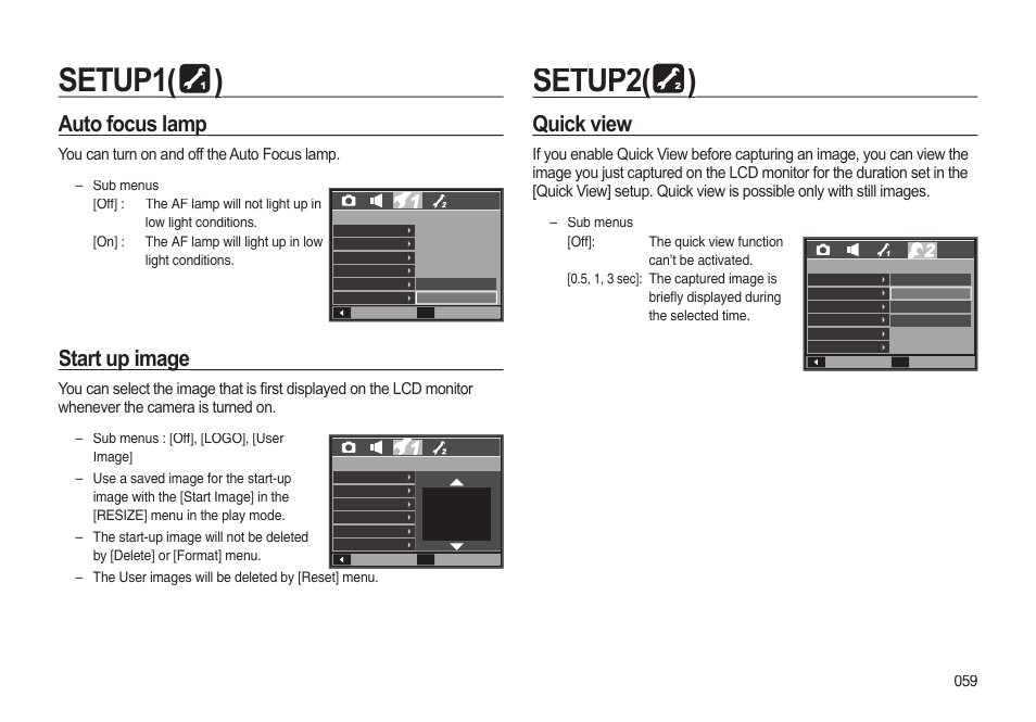 Setup1(( )), Setup2( setup2( )), Auto focus lamp | Start up image, Quick view | Samsung EC-I85ZZBBA-AU User Manual | Page 59 / 130