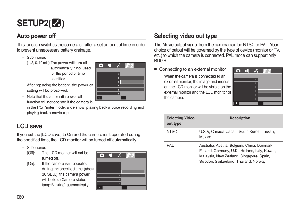 Setup2( 2( )), Auto power off, Lcd save | Selecting video out type | Samsung EC-I85ZZBBA-AU User Manual | Page 60 / 130