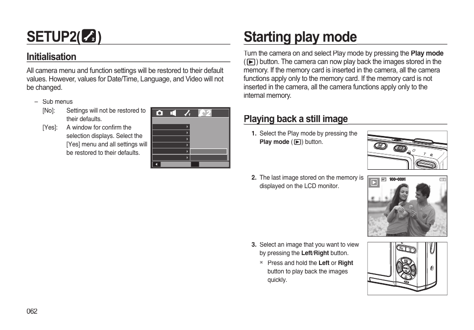 Setup2( 2( )), Starting play mode, Initialisation | Playing back a still image | Samsung EC-I85ZZBBA-AU User Manual | Page 62 / 130