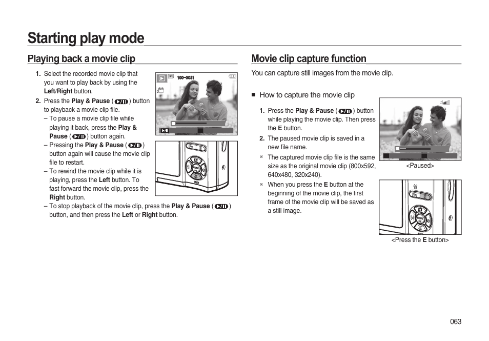 Starting play mode, Playing back a movie clip, Movie clip capture function | Samsung EC-I85ZZBBA-AU User Manual | Page 63 / 130