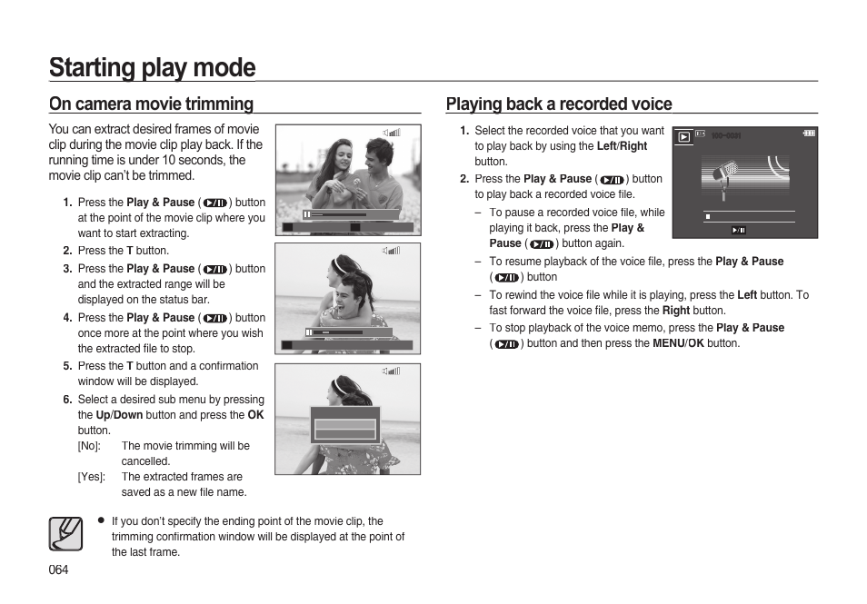 Starting play mode, On camera movie trimming, Playing back a recorded voice | Samsung EC-I85ZZBBA-AU User Manual | Page 64 / 130