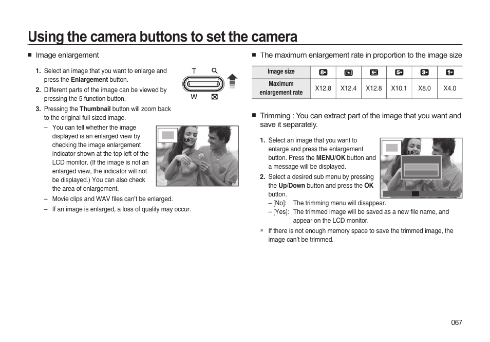 Using the camera buttons to set the camera | Samsung EC-I85ZZBBA-AU User Manual | Page 67 / 130