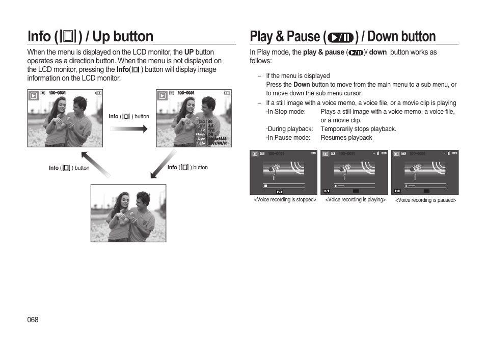 Info ( info ( ) / up button ) / up button, Play & pause, Play & pause ( ) / down button ) / down button | Samsung EC-I85ZZBBA-AU User Manual | Page 68 / 130