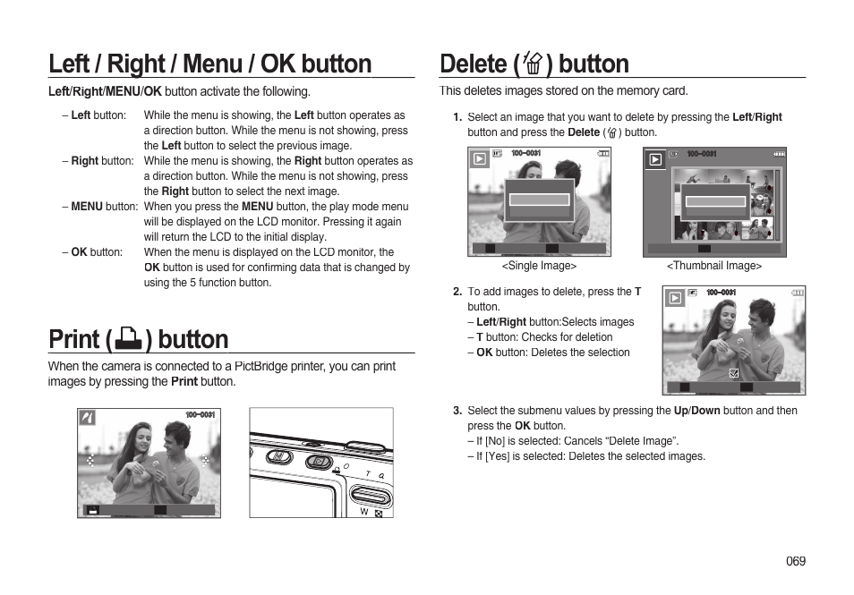 Left / right / menu / ok button, Print ( print ( ) button ) button, Delete ( delete ( ) button ) button | Samsung EC-I85ZZBBA-AU User Manual | Page 69 / 130