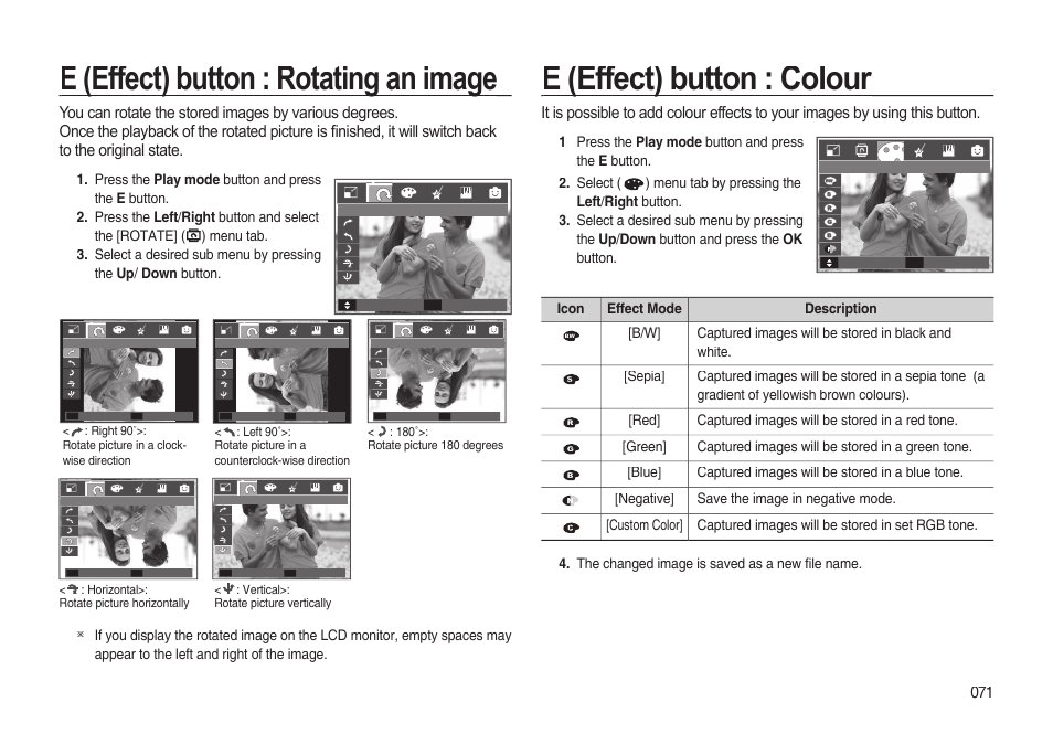 E (effect) button : rotating an image, E (effect) button : colour | Samsung EC-I85ZZBBA-AU User Manual | Page 71 / 130