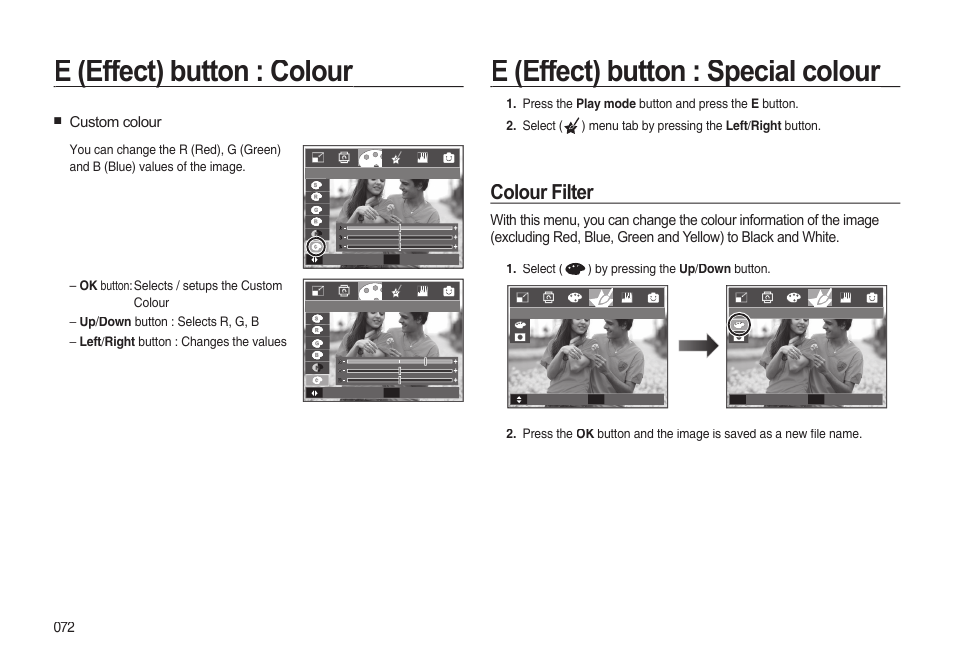 E (effect) button : colour, E (effect) button : special colour, Colour filter | Samsung EC-I85ZZBBA-AU User Manual | Page 72 / 130