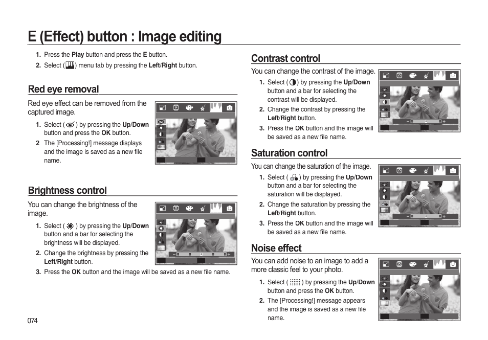 E (effect) button : image editing, Red eye removal, Brightness control | Contrast control, Saturation control, Noise effect | Samsung EC-I85ZZBBA-AU User Manual | Page 74 / 130