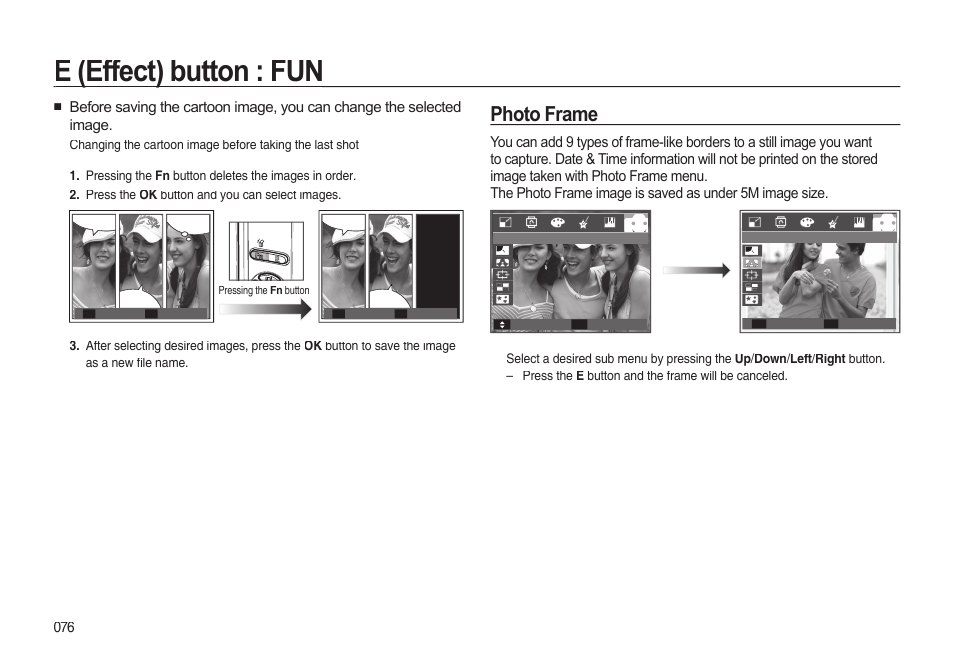 E (effect) button : fun, Photo frame | Samsung EC-I85ZZBBA-AU User Manual | Page 76 / 130