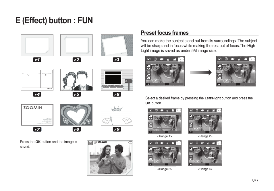 E (effect) button : fun, Preset focus frames | Samsung EC-I85ZZBBA-AU User Manual | Page 77 / 130