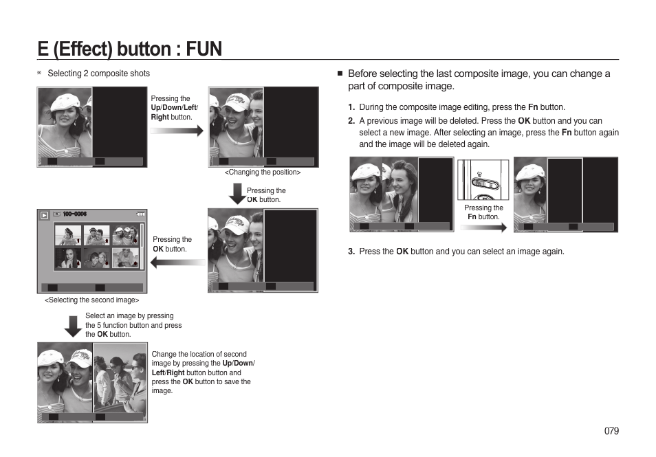 E (effect) button : fun, Selecting 2 composite shots | Samsung EC-I85ZZBBA-AU User Manual | Page 79 / 130