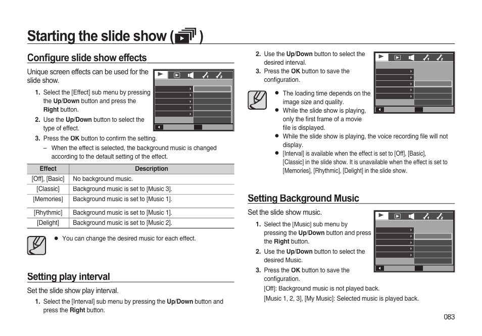 Starting the slide show, Starting the slide show ( )), Conﬁ gure slide show effects | Setting play interval, Setting background music | Samsung EC-I85ZZBBA-AU User Manual | Page 83 / 130