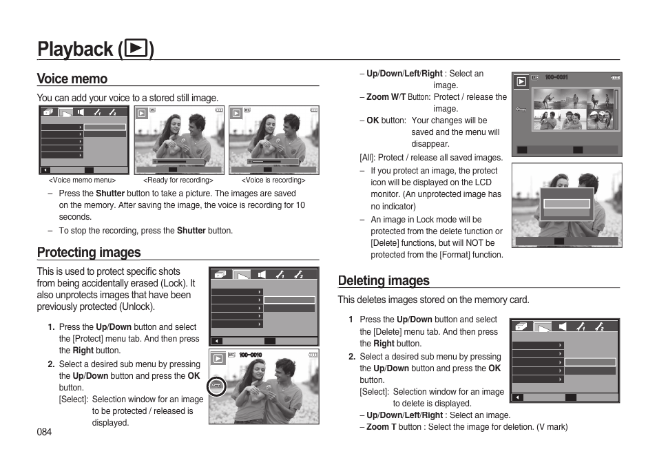 Playback ( playback ( )), Protecting images, Deleting images | You can add your voice to a stored still image | Samsung EC-I85ZZBBA-AU User Manual | Page 84 / 130
