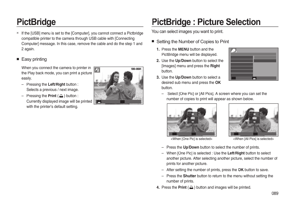 Pictbridge, Pictbridge : picture selection, Easy printing | You can select images you want to print, Setting the number of copies to print | Samsung EC-I85ZZBBA-AU User Manual | Page 89 / 130