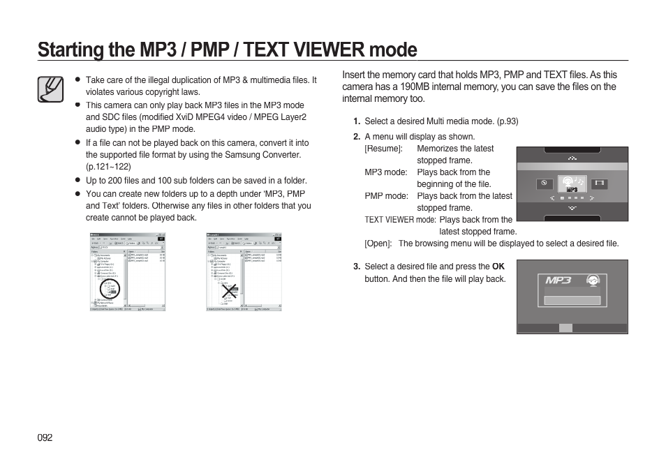 Starting the mp3 / pmp / text viewer mode | Samsung EC-I85ZZBBA-AU User Manual | Page 92 / 130