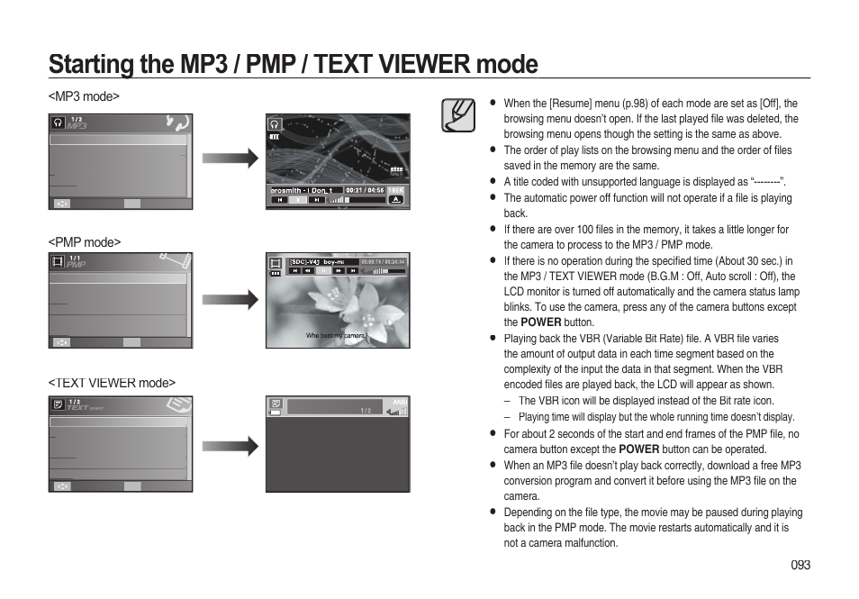 Starting the mp3 / pmp / text viewer mode, 093 <mp3 mode> <pmp mode> <text viewer mode | Samsung EC-I85ZZBBA-AU User Manual | Page 93 / 130