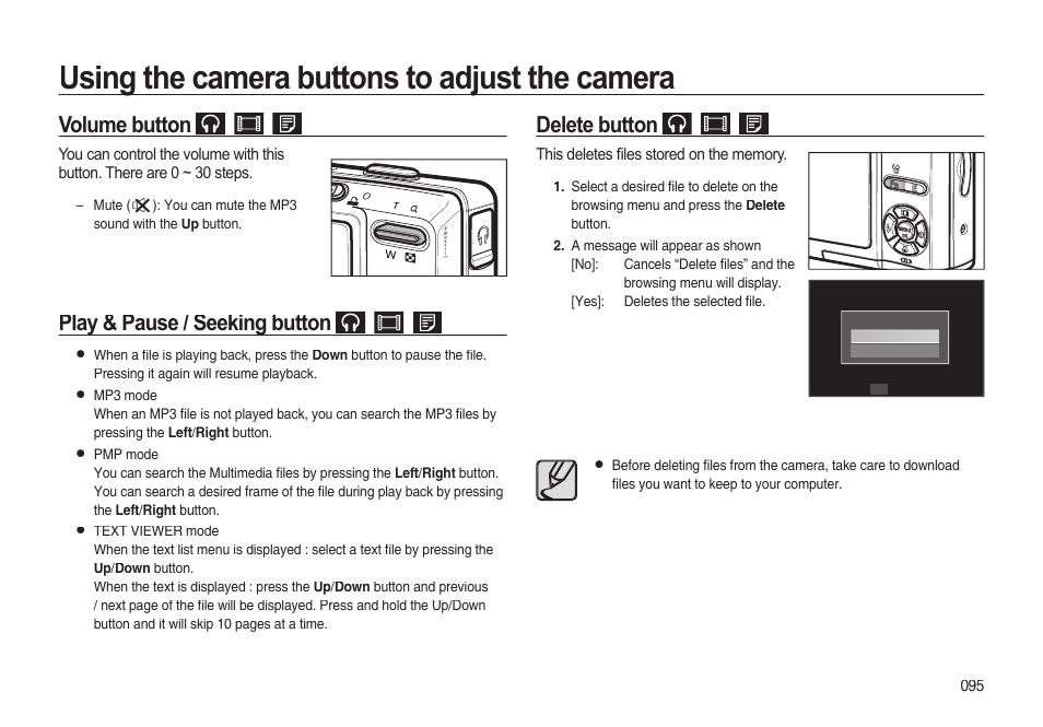 Using the camera buttons to adjust the camera, Volume button, Play & pause / seeking button | Delete button | Samsung EC-I85ZZBBA-AU User Manual | Page 95 / 130