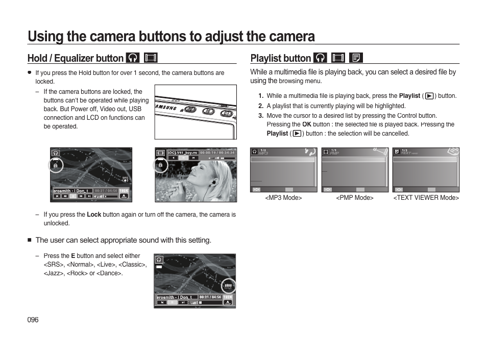 Using the camera buttons to adjust the camera, Hold / equalizer button, Playlist button | Samsung EC-I85ZZBBA-AU User Manual | Page 96 / 130