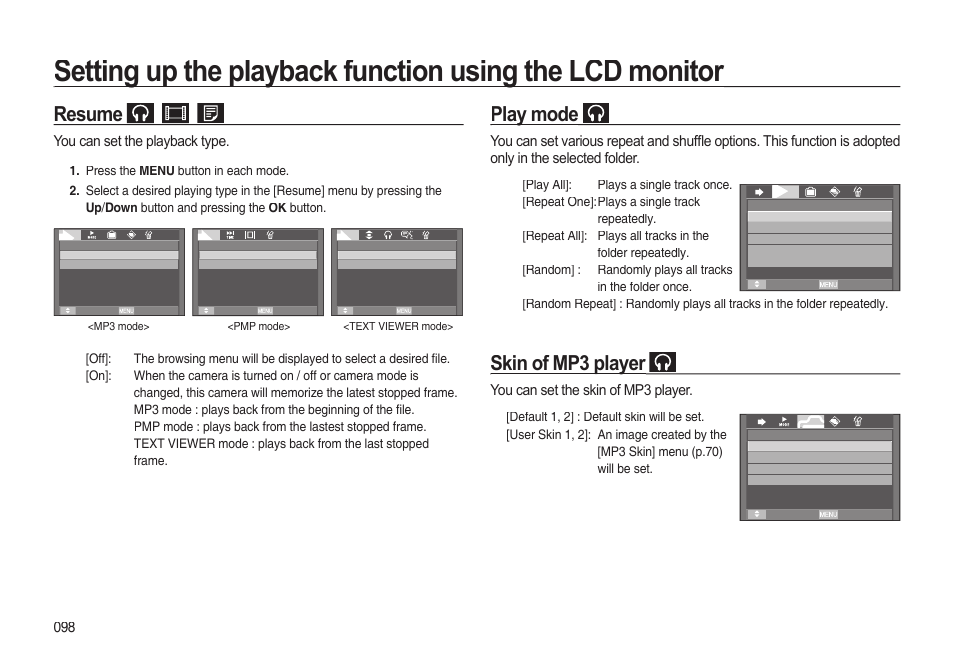 Resume, Play mode, Skin of mp3 player | Samsung EC-I85ZZBBA-AU User Manual | Page 98 / 130