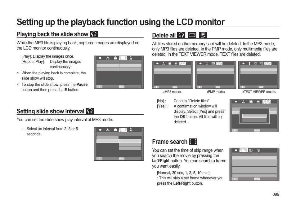 Playing back the slide show, Setting slide show interval, Delete all | Frame search, Button. you can search a frame you want easily | Samsung EC-I85ZZBBA-AU User Manual | Page 99 / 130