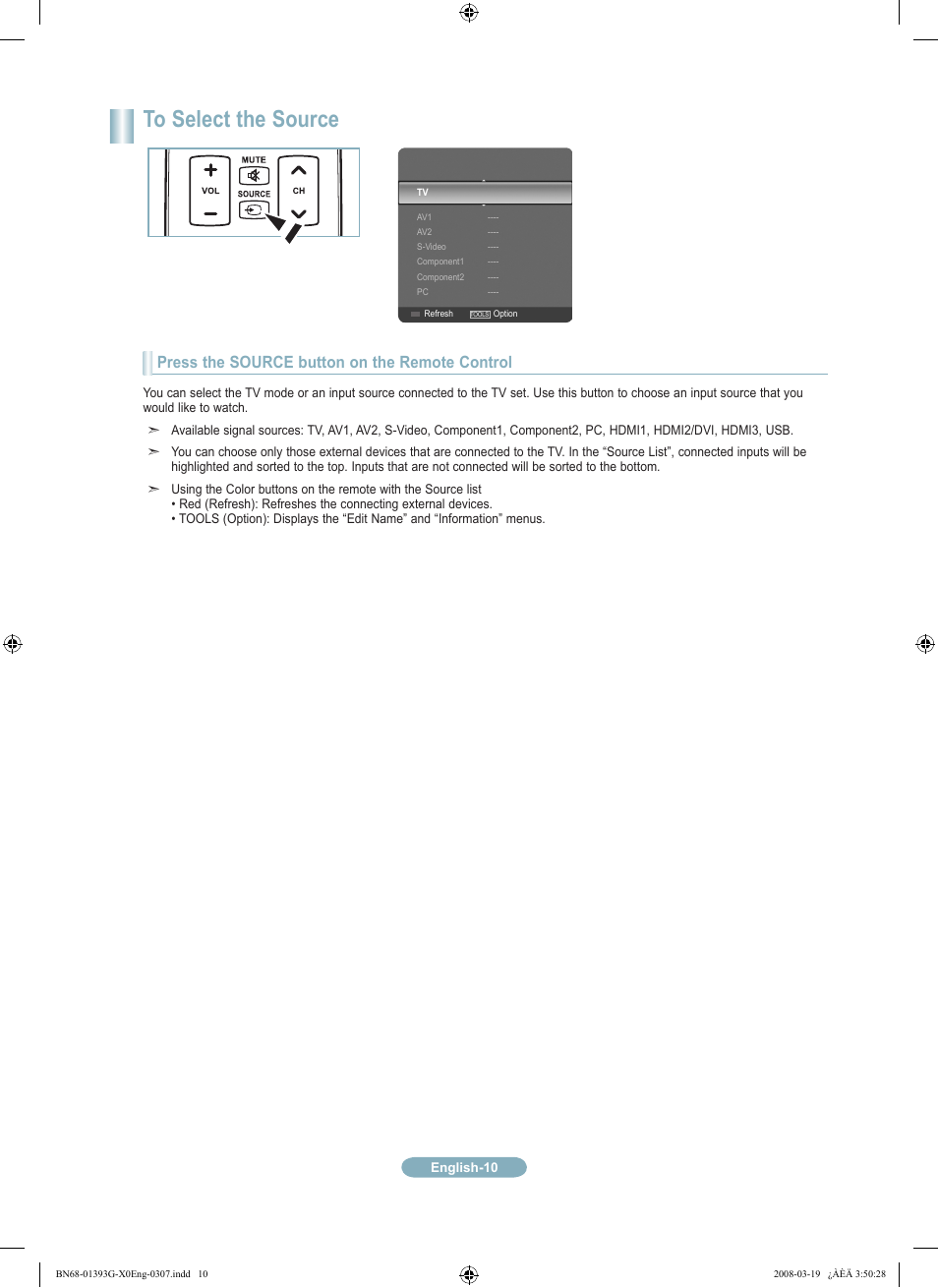 Press the source button on the remote control | Samsung LN52A580P6FXZA User Manual | Page 10 / 12