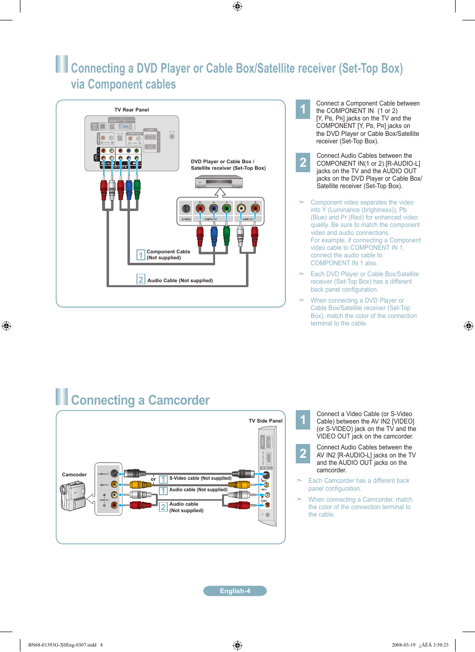 Connecting a camcorder | Samsung LN52A580P6FXZA User Manual | Page 4 / 12