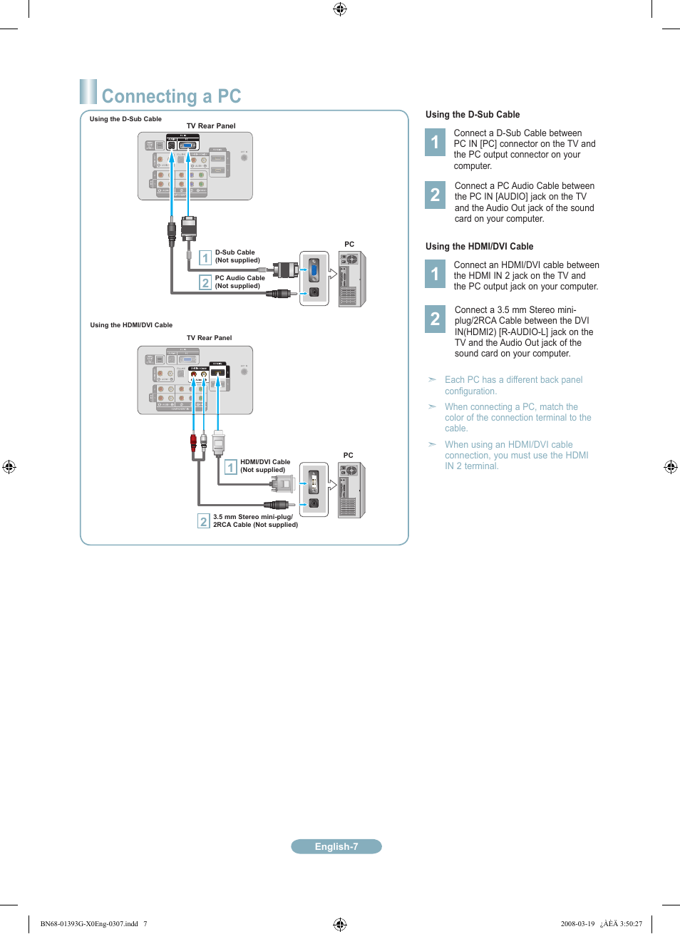 Connecting a pc | Samsung LN52A580P6FXZA User Manual | Page 7 / 12