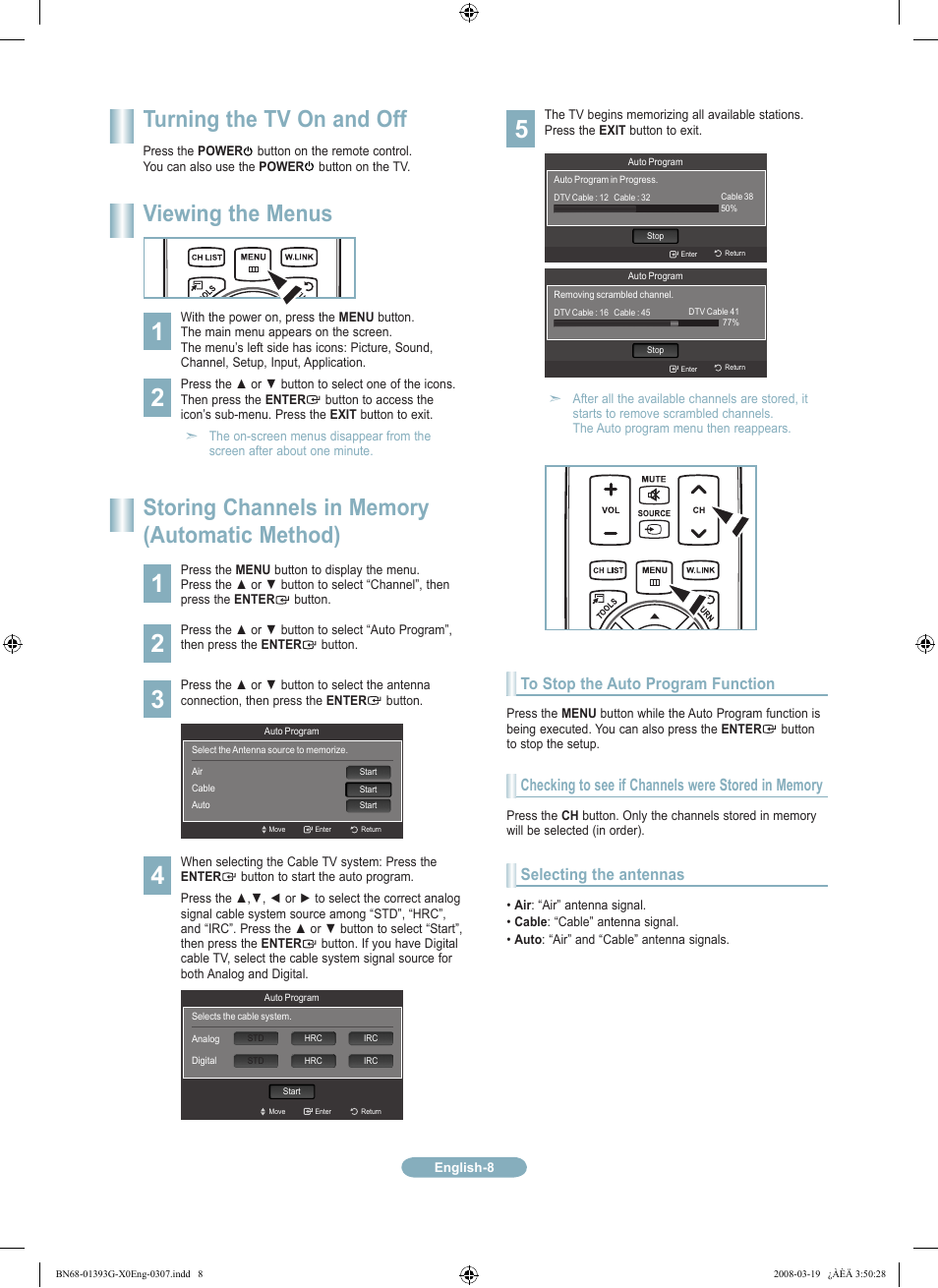 Turning the tv on and off, Viewing the menus | Samsung LN52A580P6FXZA User Manual | Page 8 / 12
