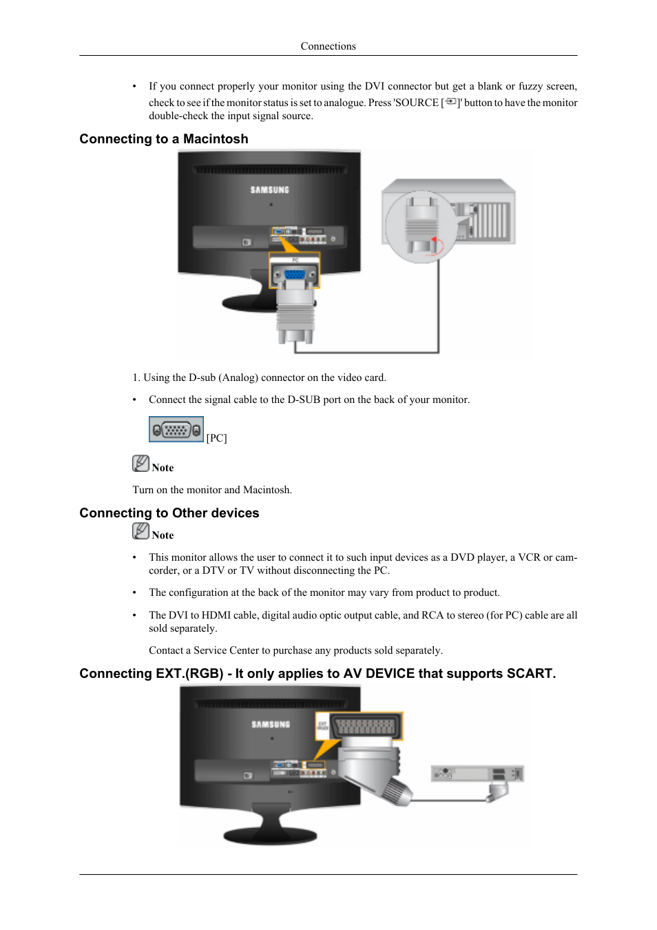 Connecting to a macintosh, Connecting to other devices | Samsung LS20TDNSUV-ZA User Manual | Page 21 / 80