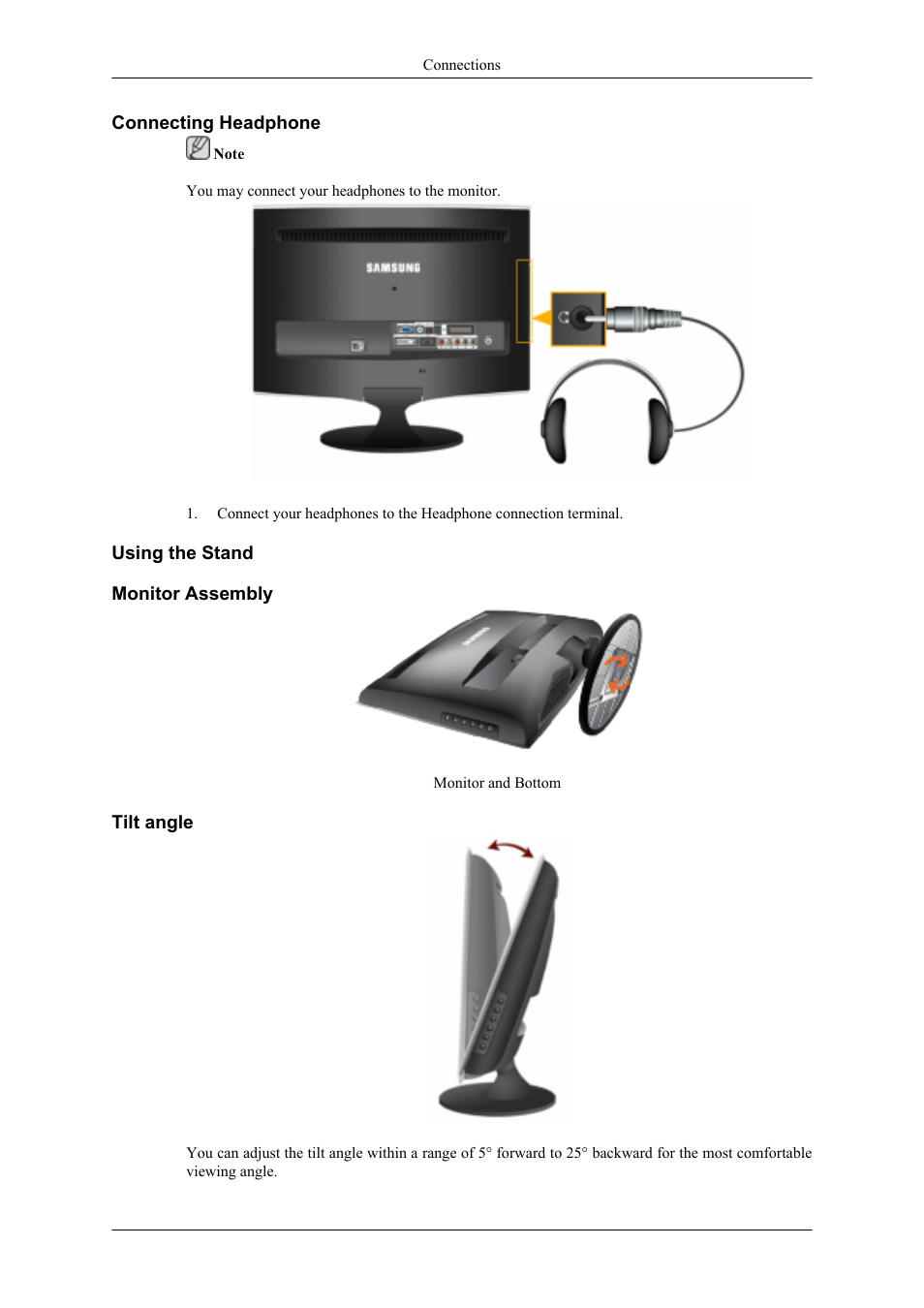 Connecting headphone, Using the stand, Monitor assembly | Tilt angle | Samsung LS20TDNSUV-ZA User Manual | Page 26 / 80