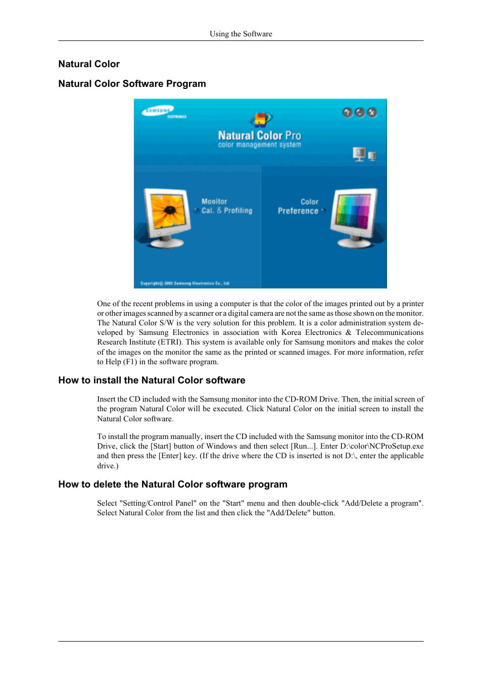 Natural color, Natural color software program, How to install the natural color software | How to delete the natural color software program | Samsung LS20TDNSUV-ZA User Manual | Page 35 / 80